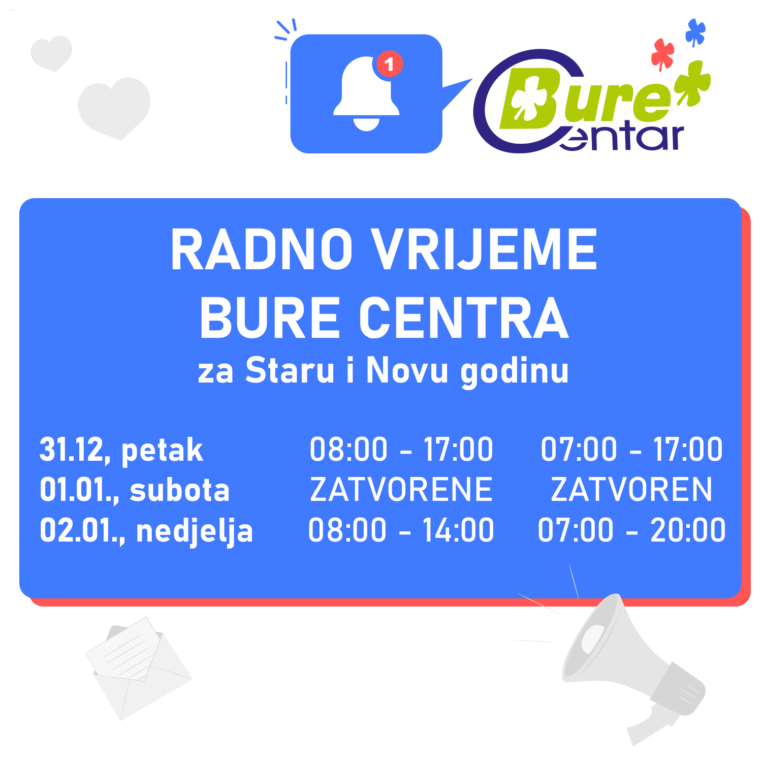 Radno vrijeme trgovina Bure Centra za Staru i Novu godinu