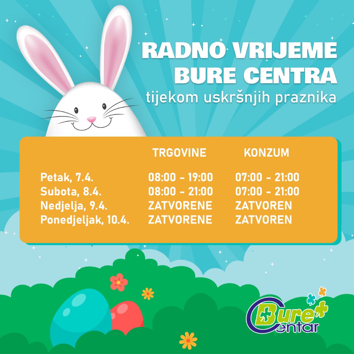 Radno vrijeme Bure Centra tijekom uskršnjih praznika