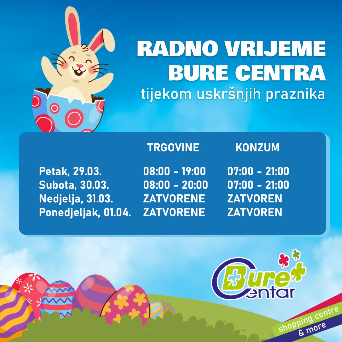 Radno vrijeme Bure Centra tijekom uskršnjih praznika