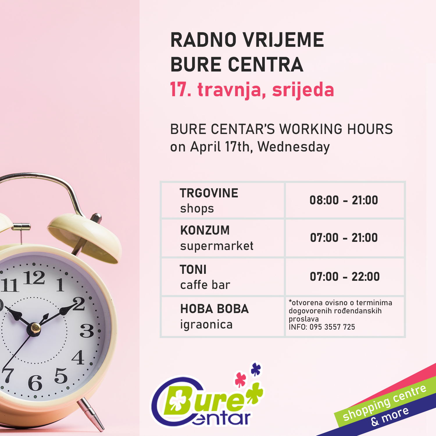 Radno vrijeme Bure Centra 17. travnja