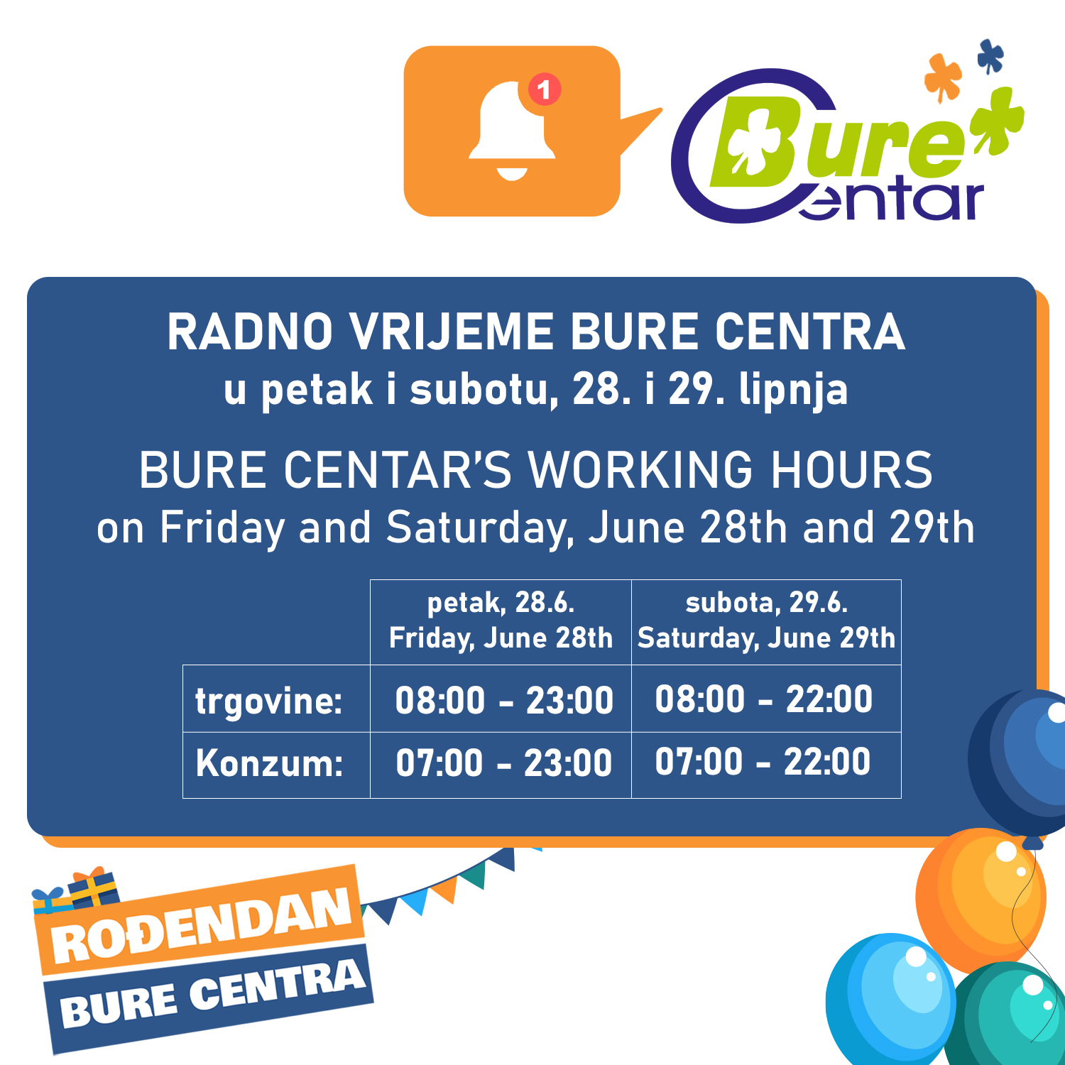 Radno vrijeme Bure Centra tijekom proslave rođendana
