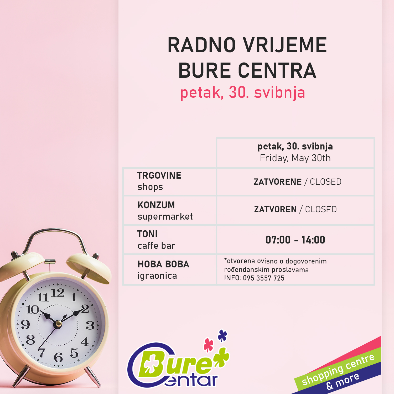 Radno vrijeme u petak, 30. svibnja