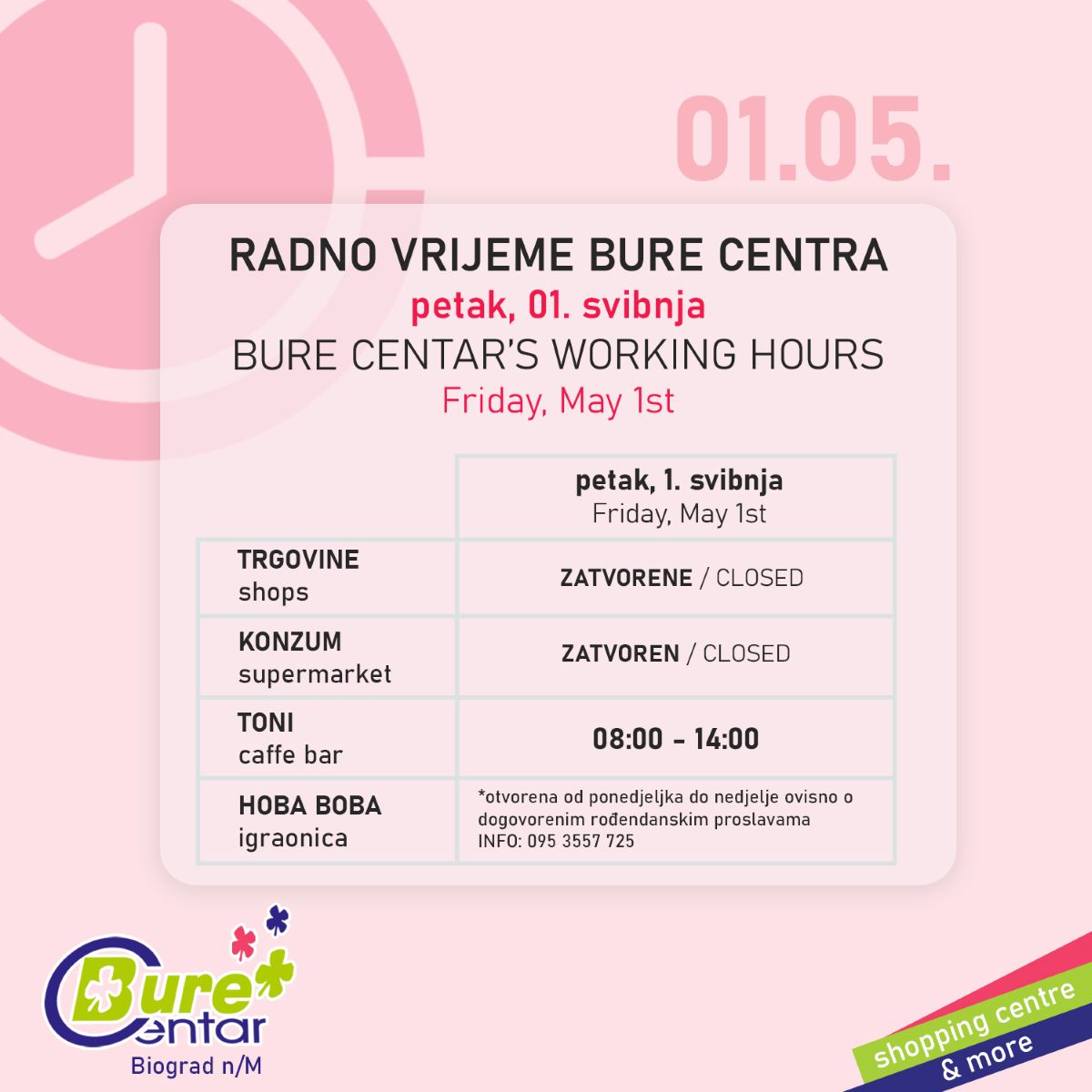 Radno vrijeme Bure Centra u petak, 01. svibnja