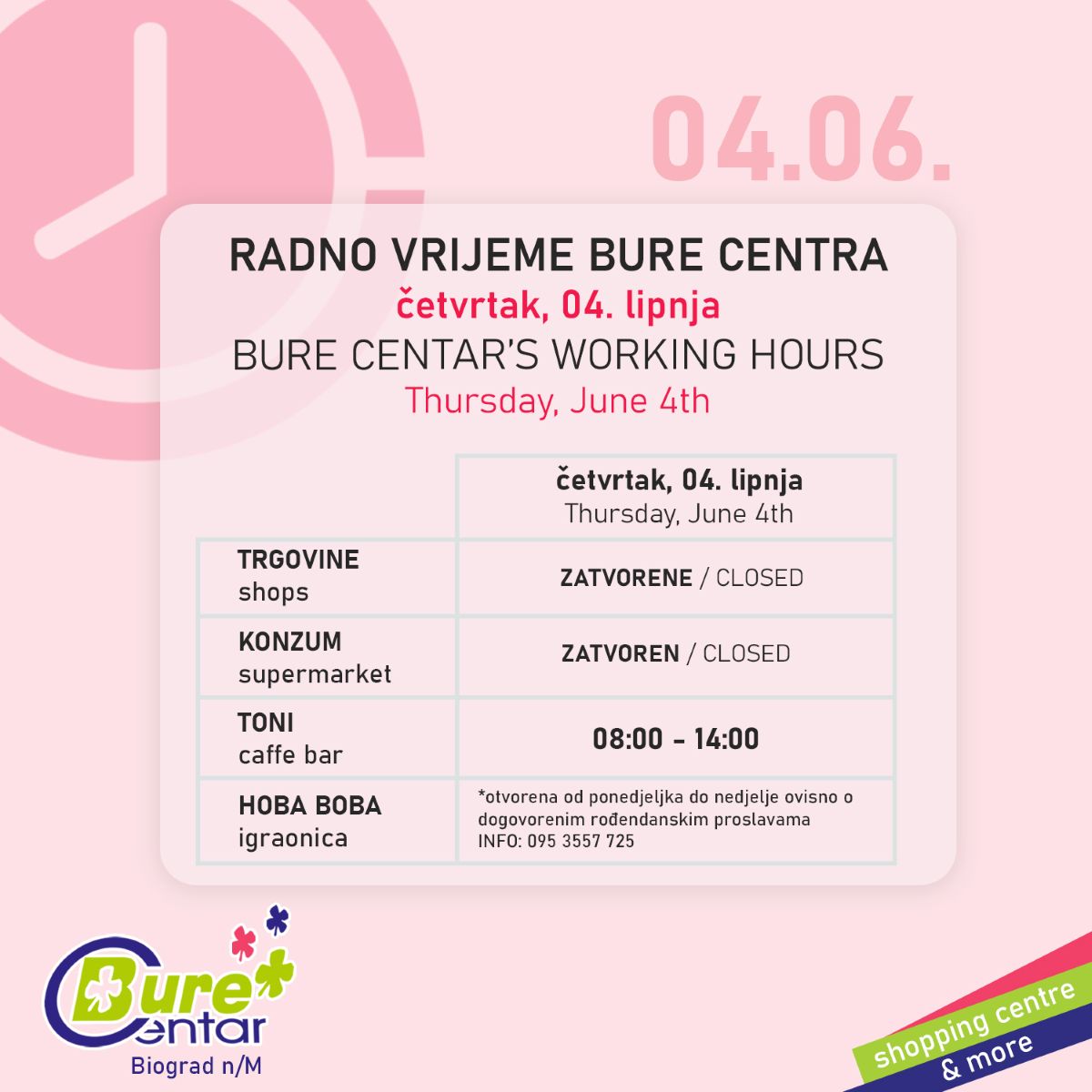 Radno vrijeme Bure Centra u četvrtak, 04. lipnja