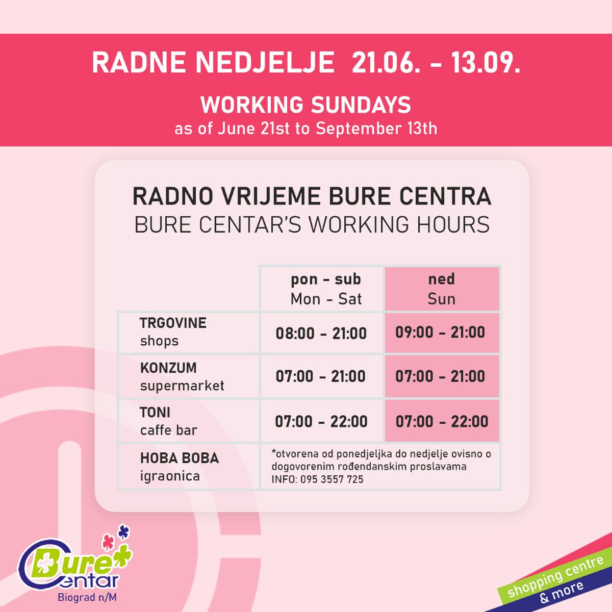 Radno vrijeme Bure Centra nedjeljama tijekom ljeta
