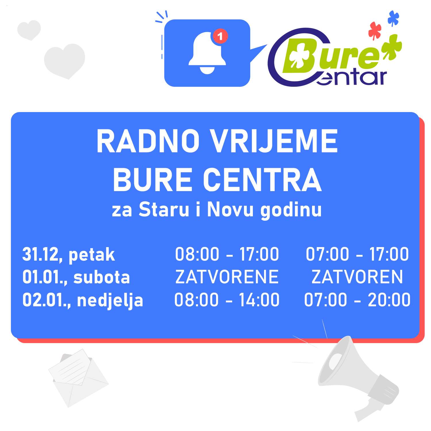 Radno vrijeme trgovina Bure Centra za Staru i Novu godinu
