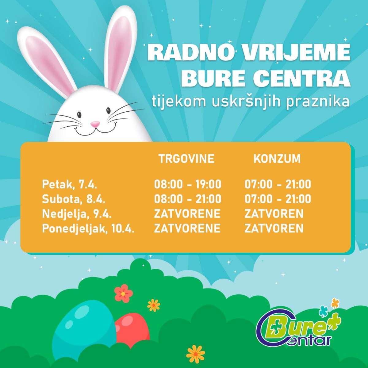 Radno vrijeme Bure Centra tijekom uskršnjih praznika