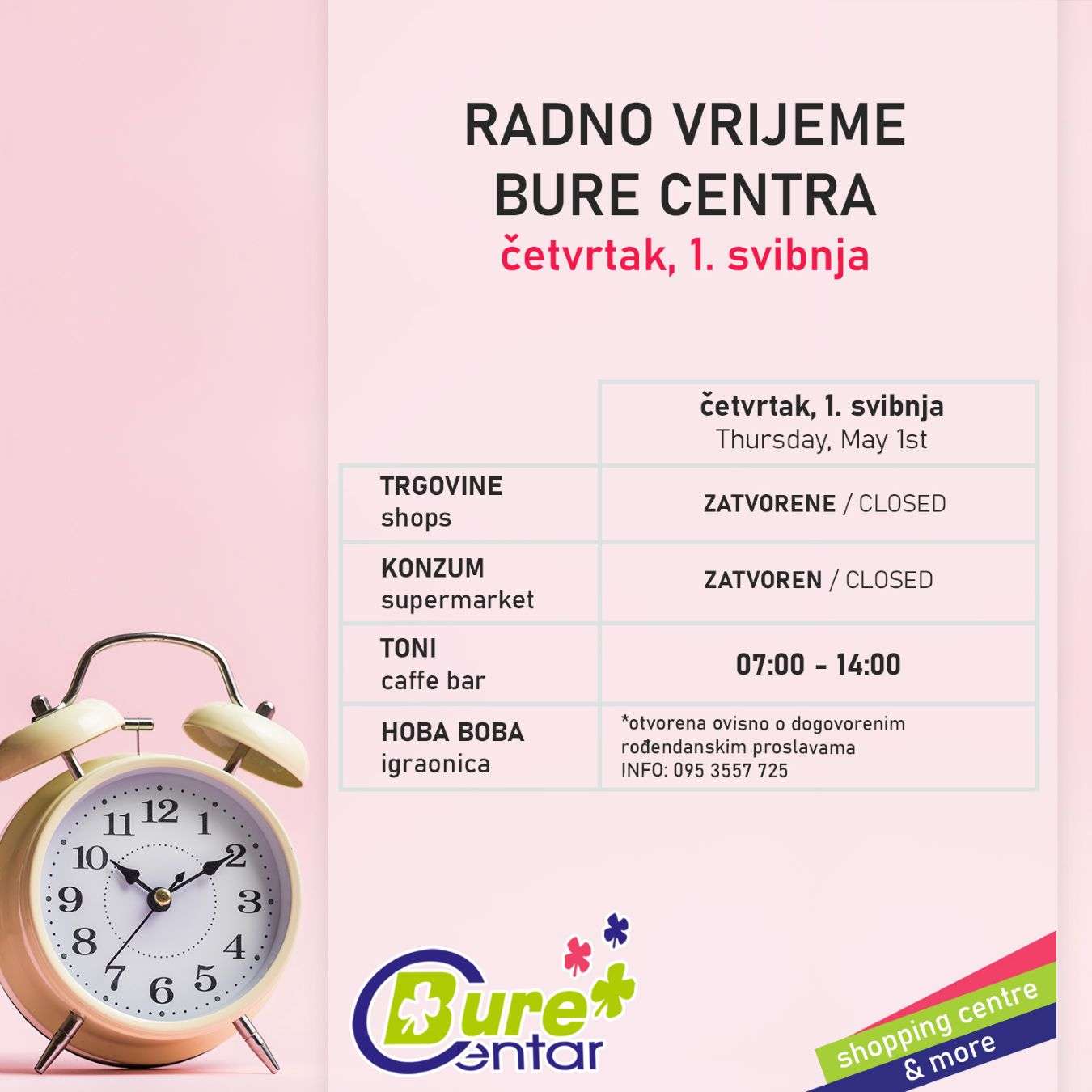 Radno vrijeme Bure Centra u četvrtak, 1. svibnja