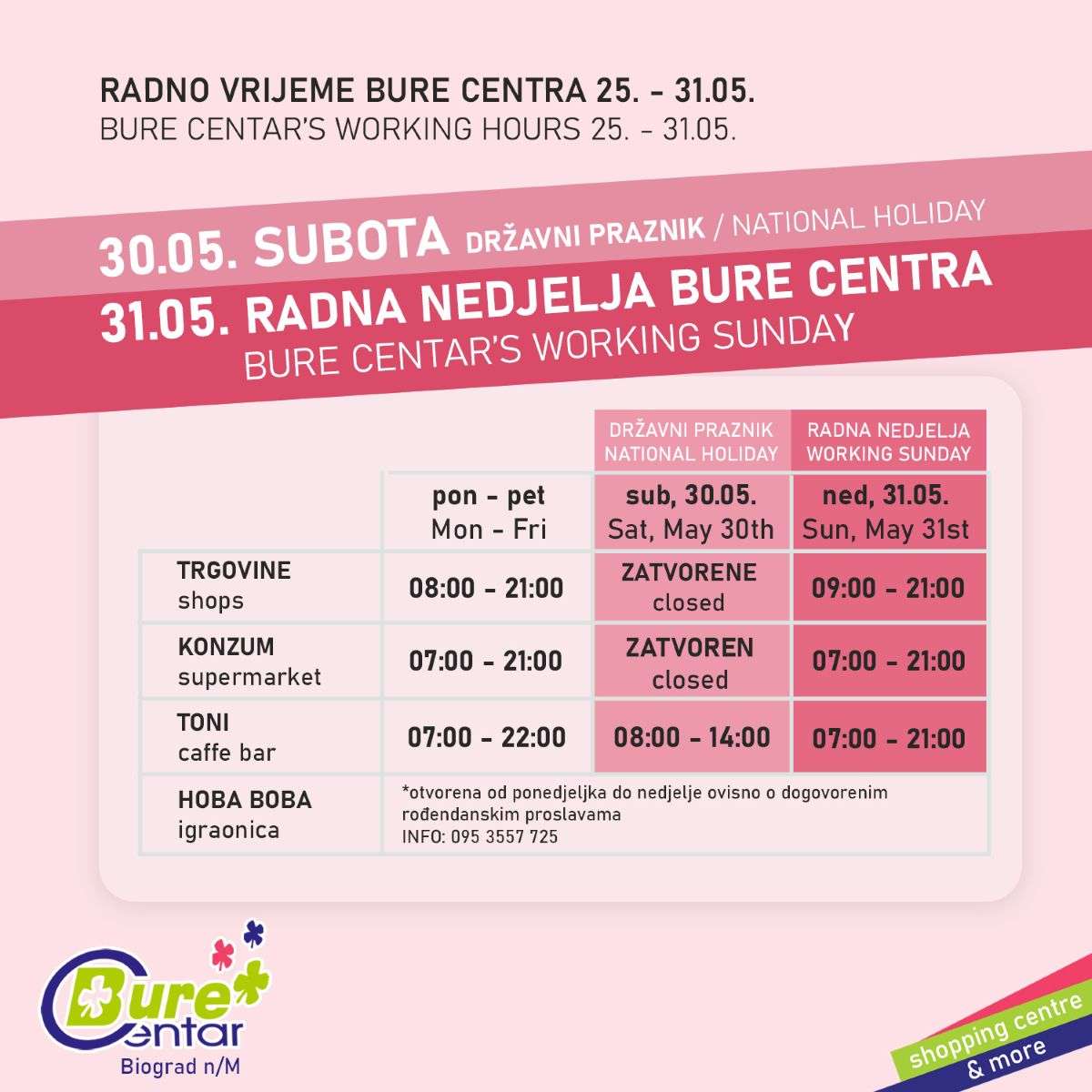 Radno vrijeme Bure Centra 30. i 31.05.
