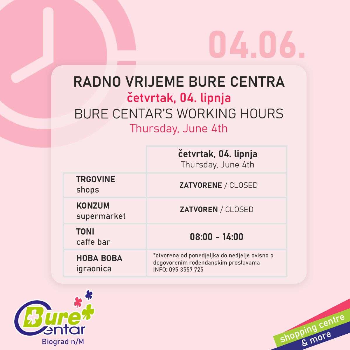 Radno vrijeme Bure Centra u četvrtak, 04. lipnja