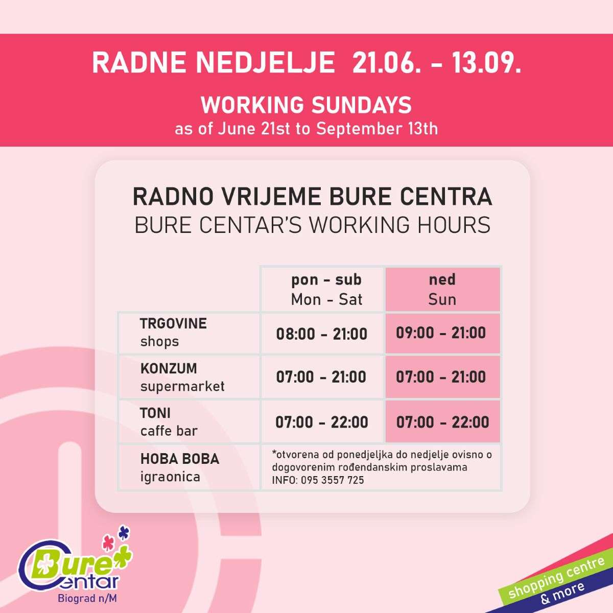 Radno vrijeme Bure Centra nedjeljama tijekom ljeta